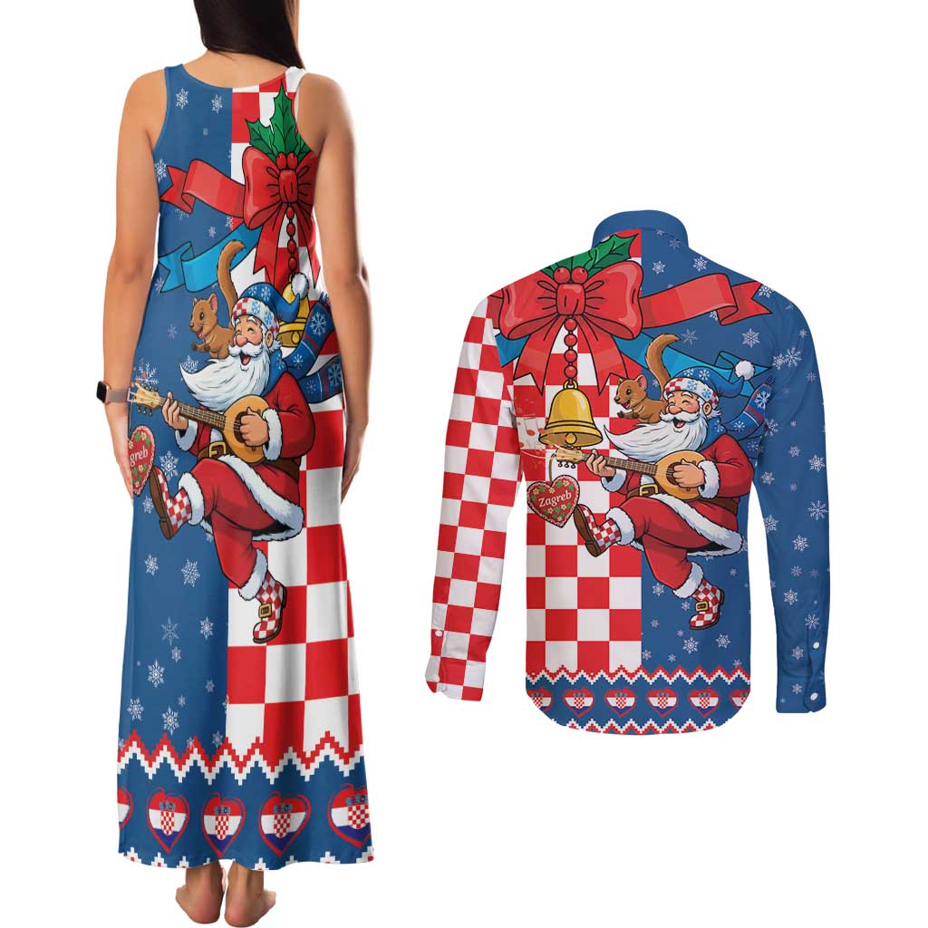 Funny Croatia Ugly Christmas Couples Matching Tank Maxi Dress and Long Sleeve Button Shirt Checkerboard Flag Santa Zagreb Design - Wonder Print Shop