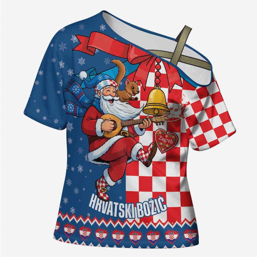 Funny Croatia Ugly Christmas Cross Shoulder Shirt Checkerboard Flag Santa Zagreb Design - Wonder Print Shop