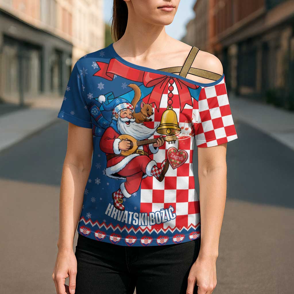 Funny Croatia Ugly Christmas Cross Shoulder Shirt Checkerboard Flag Santa Zagreb Design - Wonder Print Shop
