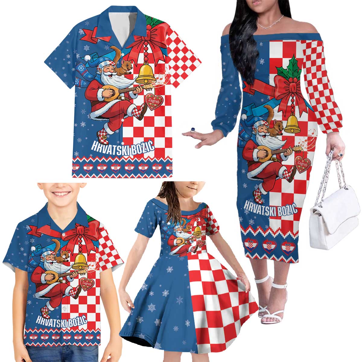Funny Croatia Ugly Christmas Family Matching Off The Shoulder Long Sleeve Dress and Hawaiian Shirt Checkerboard Flag Santa Zagreb Design - Wonder Print Shop