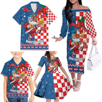 Funny Croatia Ugly Christmas Family Matching Off The Shoulder Long Sleeve Dress and Hawaiian Shirt Checkerboard Flag Santa Zagreb Design - Wonder Print Shop