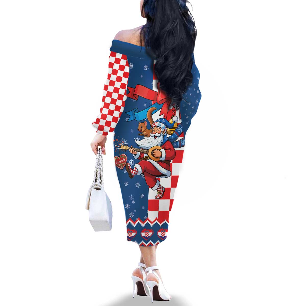 Funny Croatia Ugly Christmas Family Matching Off The Shoulder Long Sleeve Dress and Hawaiian Shirt Checkerboard Flag Santa Zagreb Design - Wonder Print Shop