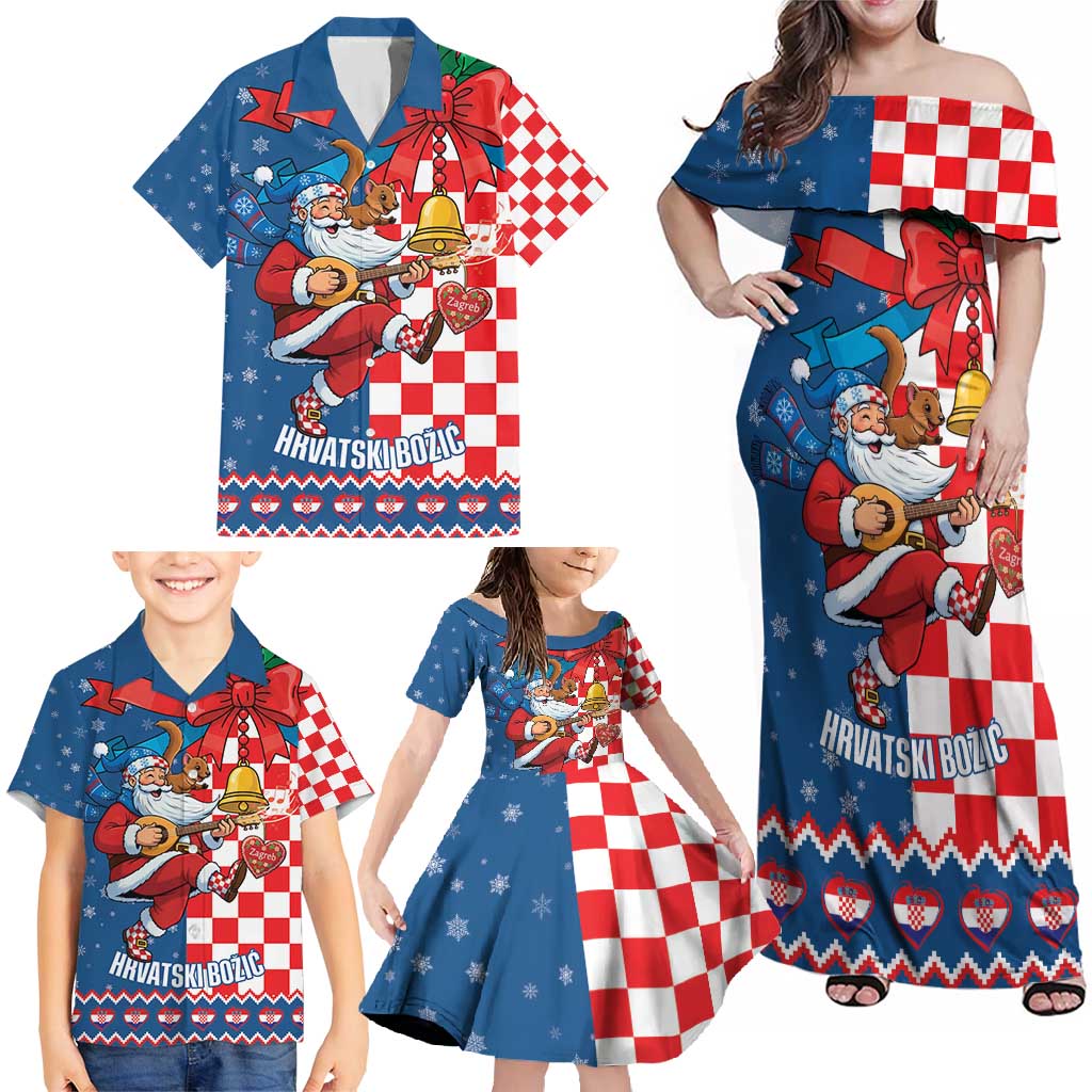 Funny Croatia Ugly Christmas Family Matching Off Shoulder Maxi Dress and Hawaiian Shirt Checkerboard Flag Santa Zagreb Design - Wonder Print Shop