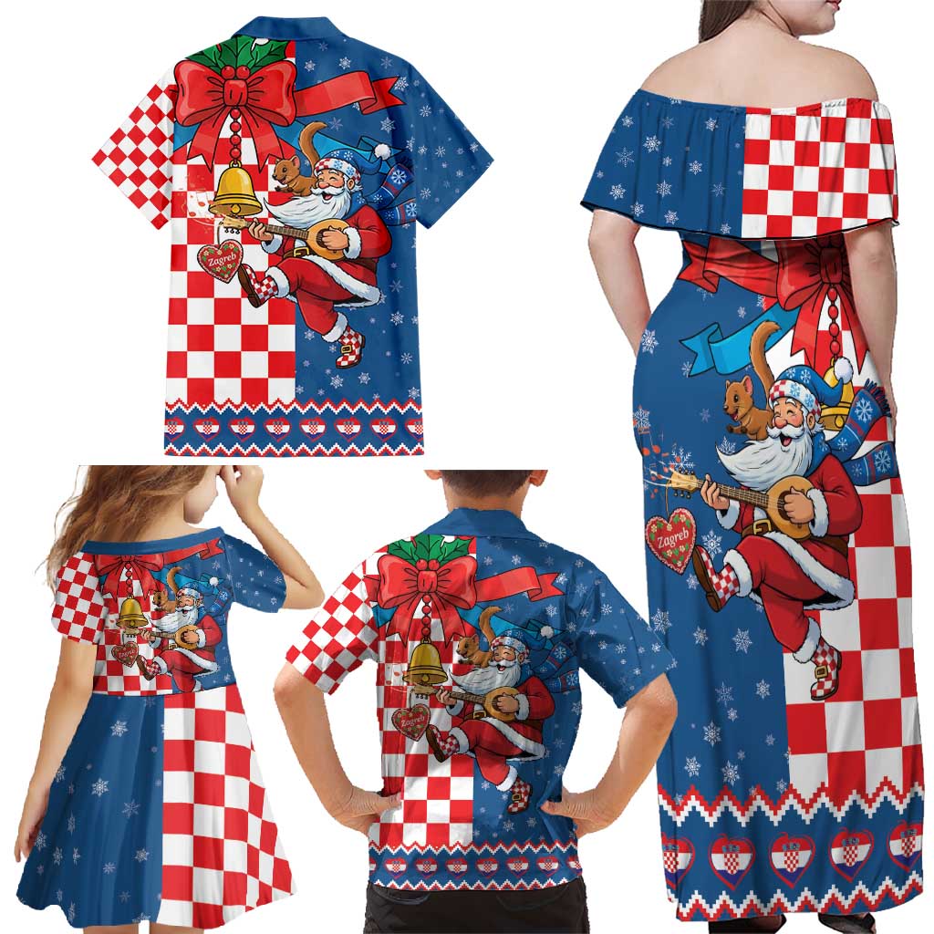 Funny Croatia Ugly Christmas Family Matching Off Shoulder Maxi Dress and Hawaiian Shirt Checkerboard Flag Santa Zagreb Design - Wonder Print Shop
