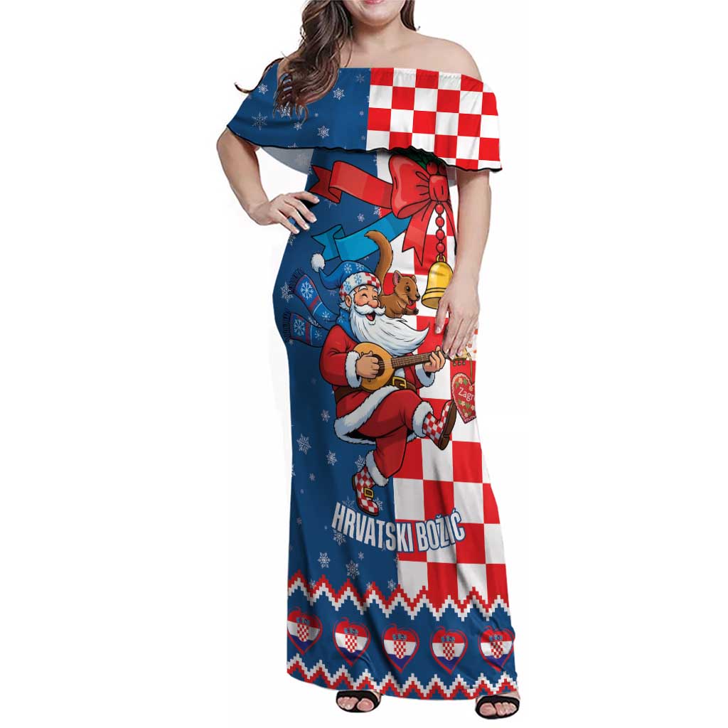 Funny Croatia Ugly Christmas Family Matching Off Shoulder Maxi Dress and Hawaiian Shirt Checkerboard Flag Santa Zagreb Design - Wonder Print Shop