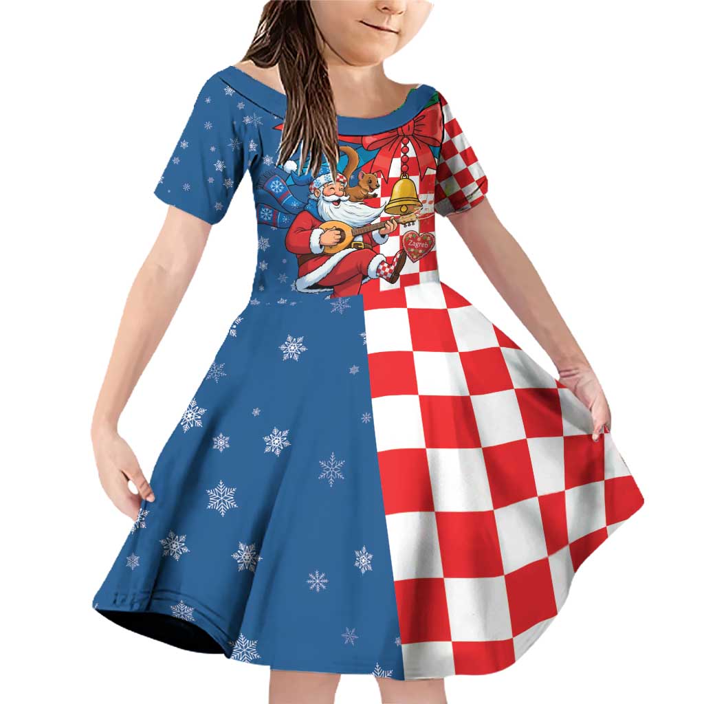 Funny Croatia Ugly Christmas Family Matching Off Shoulder Short Dress and Hawaiian Shirt Checkerboard Flag Santa Zagreb Design - Wonder Print Shop