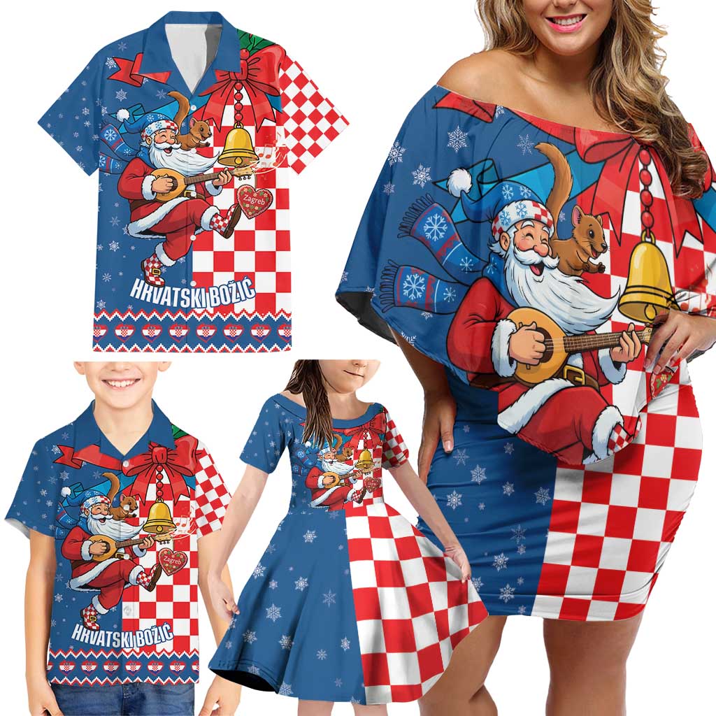 Funny Croatia Ugly Christmas Family Matching Off Shoulder Short Dress and Hawaiian Shirt Checkerboard Flag Santa Zagreb Design - Wonder Print Shop