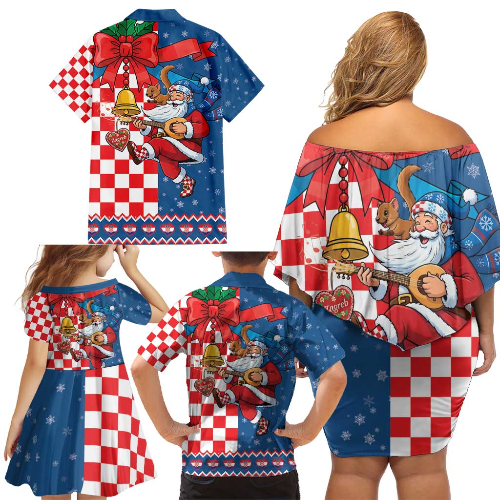 Funny Croatia Ugly Christmas Family Matching Off Shoulder Short Dress and Hawaiian Shirt Checkerboard Flag Santa Zagreb Design - Wonder Print Shop