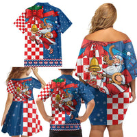 Funny Croatia Ugly Christmas Family Matching Off Shoulder Short Dress and Hawaiian Shirt Checkerboard Flag Santa Zagreb Design - Wonder Print Shop