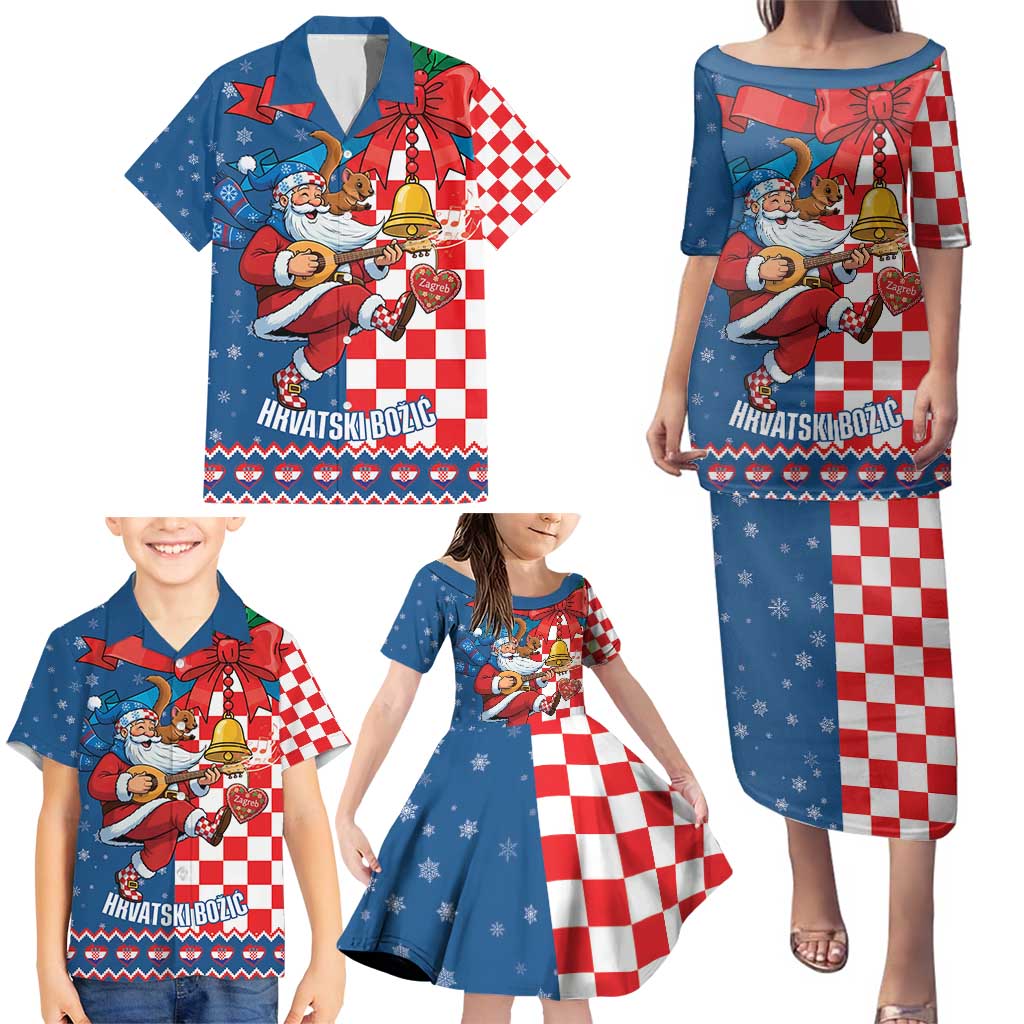 Funny Croatia Ugly Christmas Family Matching Puletasi and Hawaiian Shirt Checkerboard Flag Santa Zagreb Design - Wonder Print Shop