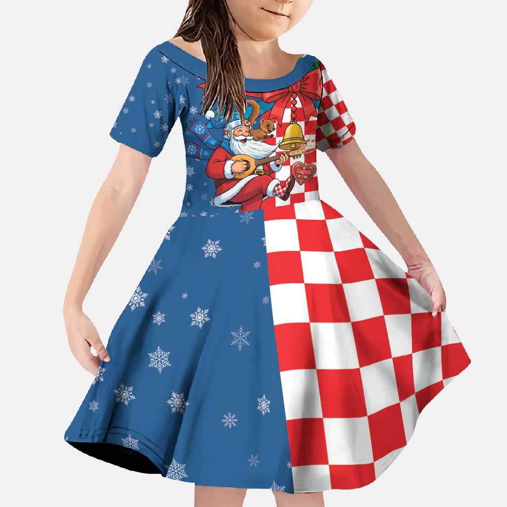 Funny Croatia Ugly Christmas Family Matching Short Sleeve Bodycon Dress and Hawaiian Shirt Checkerboard Flag Santa Zagreb Design - Wonder Print Shop