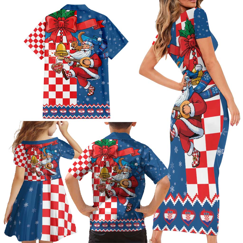 Funny Croatia Ugly Christmas Family Matching Short Sleeve Bodycon Dress and Hawaiian Shirt Checkerboard Flag Santa Zagreb Design - Wonder Print Shop