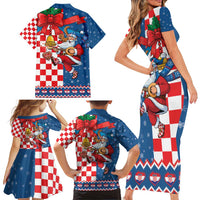 Funny Croatia Ugly Christmas Family Matching Short Sleeve Bodycon Dress and Hawaiian Shirt Checkerboard Flag Santa Zagreb Design - Wonder Print Shop