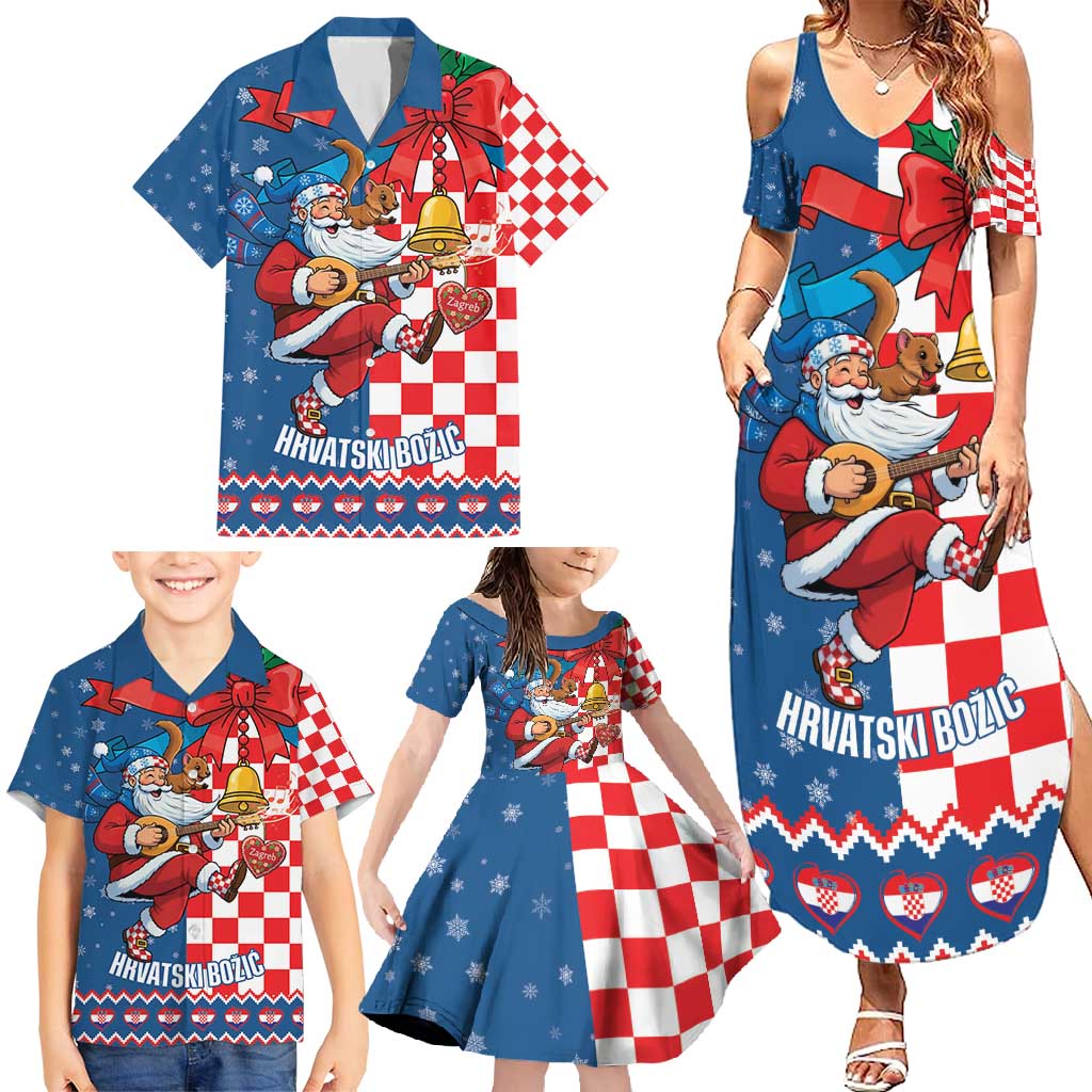 Funny Croatia Ugly Christmas Family Matching Summer Maxi Dress and Hawaiian Shirt Checkerboard Flag Santa Zagreb Design - Wonder Print Shop