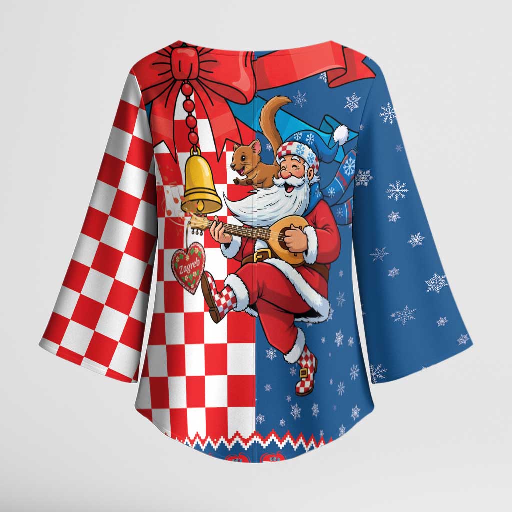 Funny Croatia Ugly Christmas Kimono Sleeve Blouse Checkerboard Flag Santa Zagreb Design - Wonder Print Shop