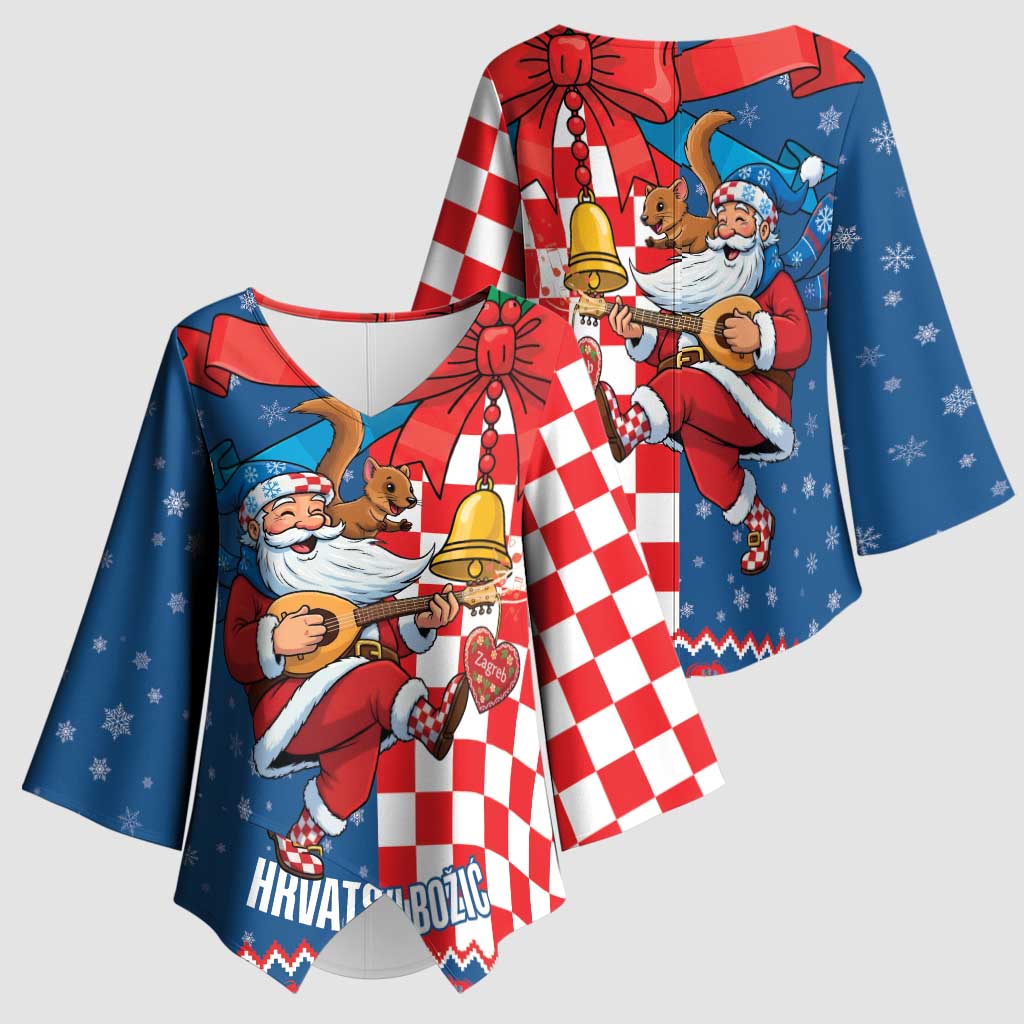 Funny Croatia Ugly Christmas Kimono Sleeve Blouse Checkerboard Flag Santa Zagreb Design - Wonder Print Shop