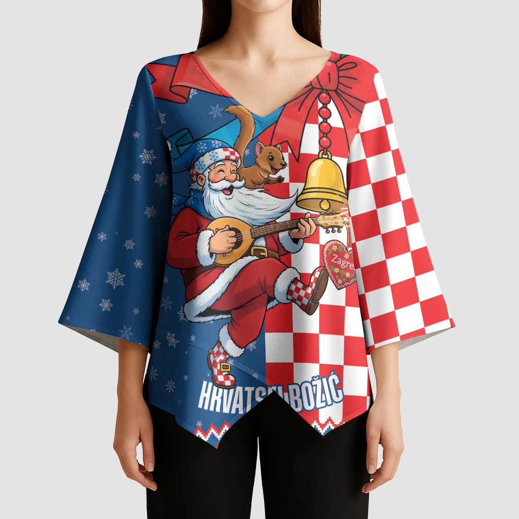Funny Croatia Ugly Christmas Kimono Sleeve Blouse Checkerboard Flag Santa Zagreb Design - Wonder Print Shop