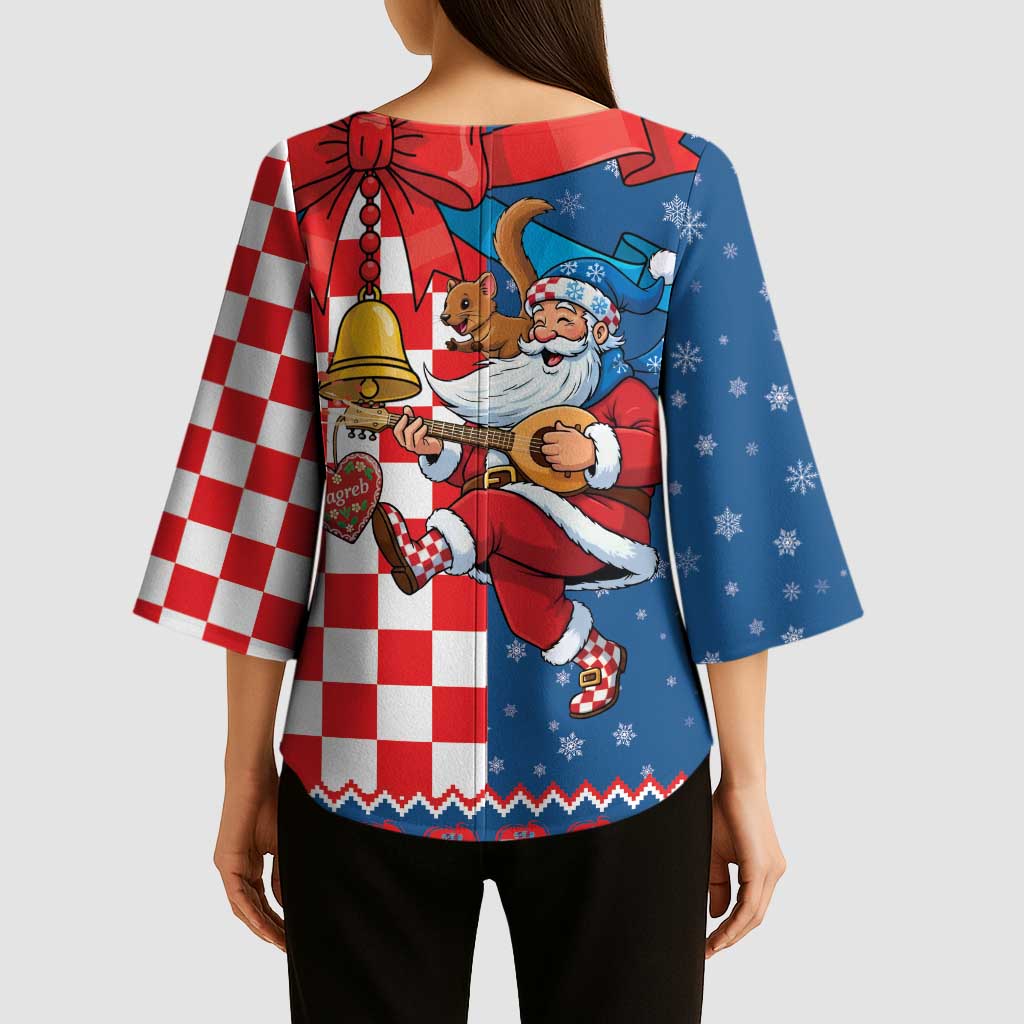 Funny Croatia Ugly Christmas Kimono Sleeve Blouse Checkerboard Flag Santa Zagreb Design - Wonder Print Shop
