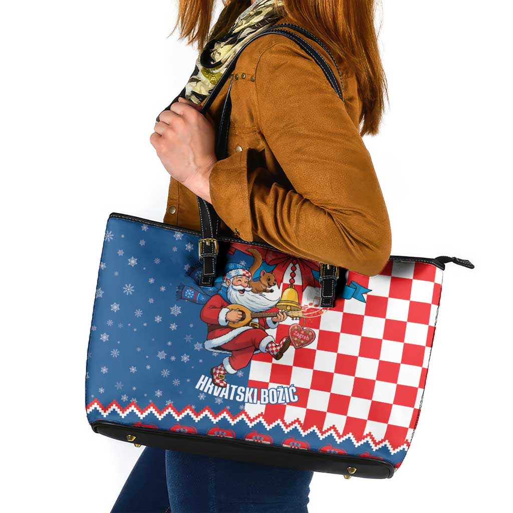 Funny Croatia Ugly Christmas Leather Tote Bag Checkerboard Flag Santa Zagreb Design - Wonder Print Shop