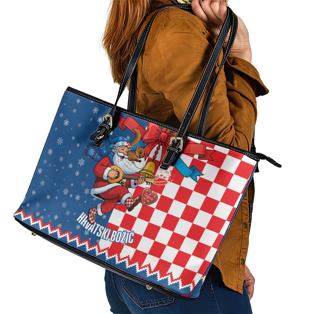 Funny Croatia Ugly Christmas Leather Tote Bag Checkerboard Flag Santa Zagreb Design - Wonder Print Shop