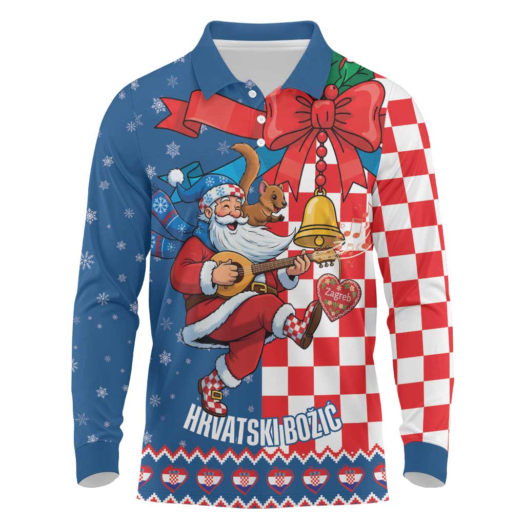 Funny Croatia Ugly Christmas Long Sleeve Polo Shirt Checkerboard Flag Santa Zagreb Design - Wonder Print Shop