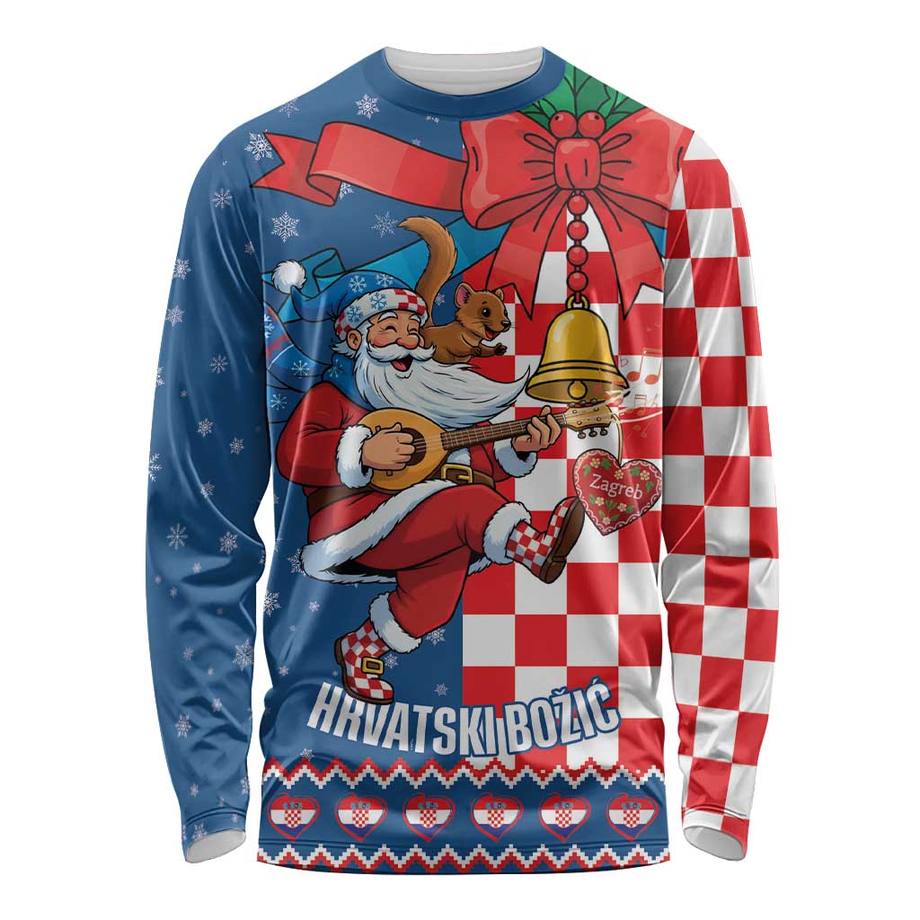 Funny Croatia Ugly Christmas Long Sleeve Shirt Checkerboard Flag Santa Zagreb Design - Wonder Print Shop