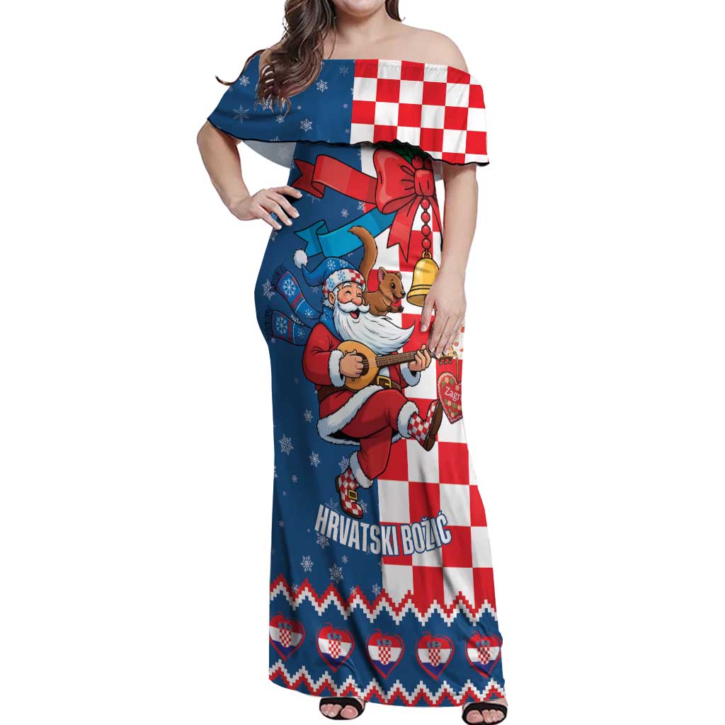 Funny Croatia Ugly Christmas Off Shoulder Maxi Dress Checkerboard Flag Santa Zagreb Design - Wonder Print Shop