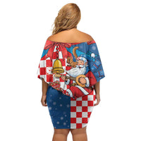 Funny Croatia Ugly Christmas Off Shoulder Short Dress Checkerboard Flag Santa Zagreb Design - Wonder Print Shop