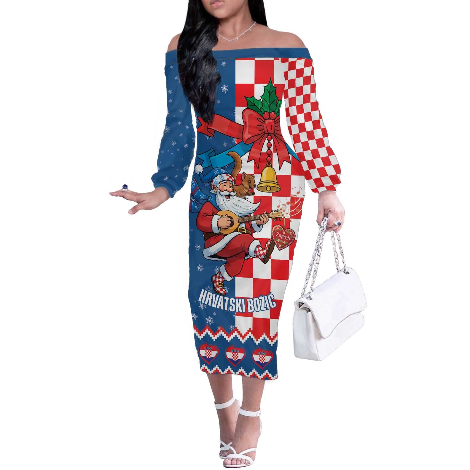 Funny Croatia Ugly Christmas Off The Shoulder Long Sleeve Dress Checkerboard Flag Santa Zagreb Design - Wonder Print Shop