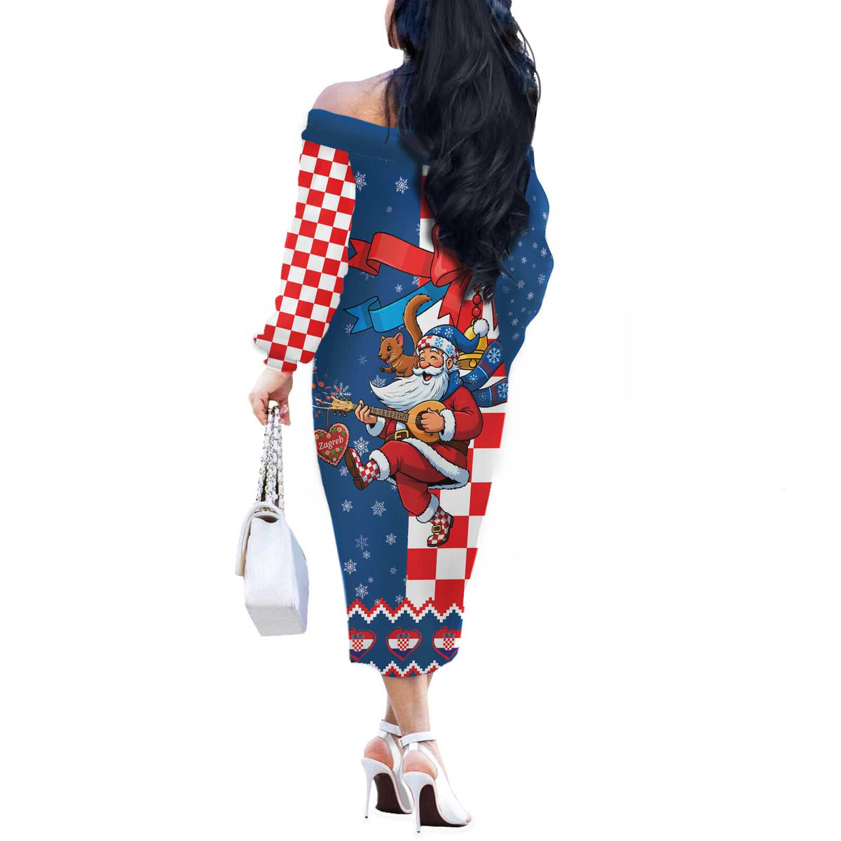 Funny Croatia Ugly Christmas Off The Shoulder Long Sleeve Dress Checkerboard Flag Santa Zagreb Design - Wonder Print Shop