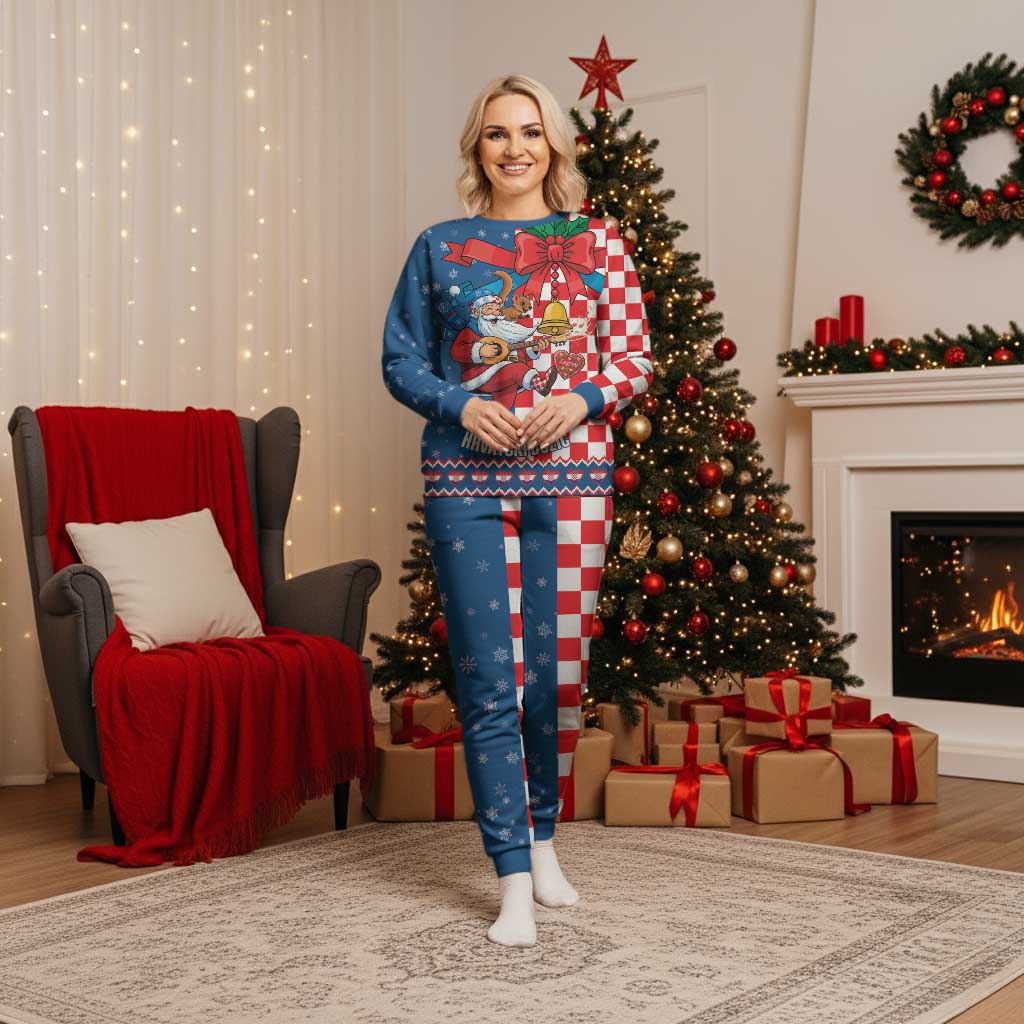 Funny Croatia Ugly Christmas Pajama Set Checkerboard Flag Santa Zagreb Design - Wonder Print Shop