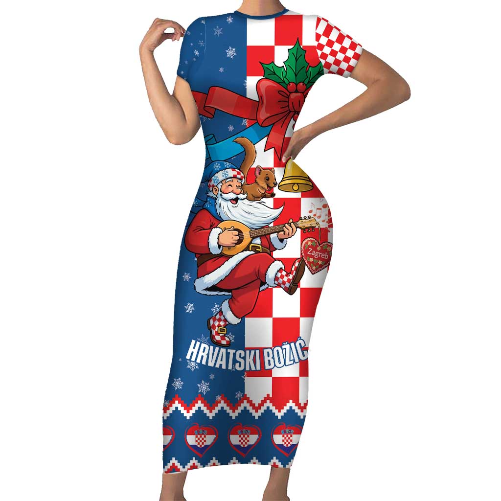 Funny Croatia Ugly Christmas Short Sleeve Bodycon Dress Checkerboard Flag Santa Zagreb Design - Wonder Print Shop