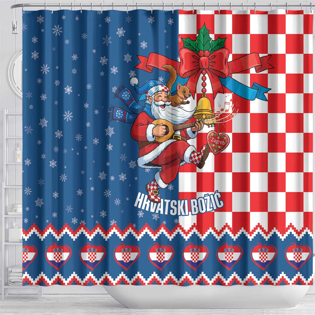 Funny Croatia Ugly Christmas Shower Curtain Checkerboard Flag Santa Zagreb Design - Wonder Print Shop