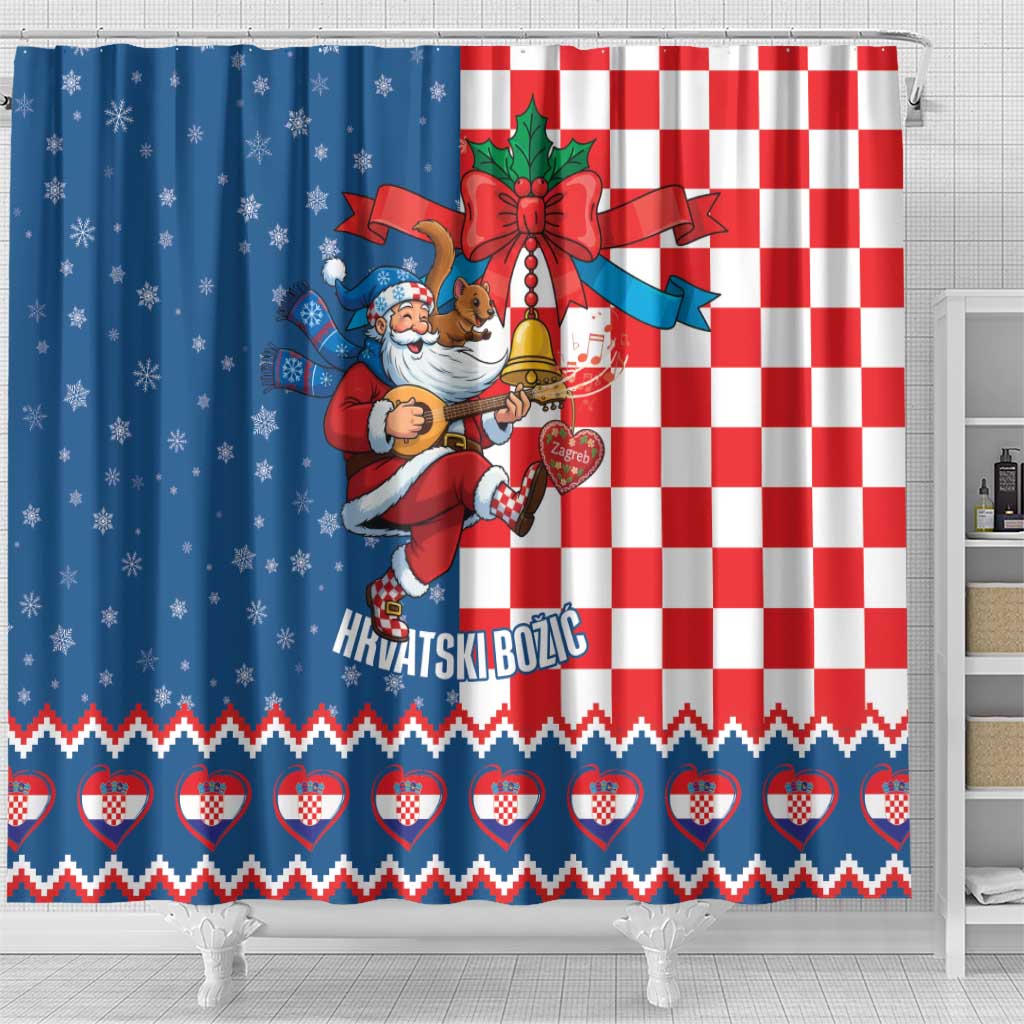 Funny Croatia Ugly Christmas Shower Curtain Checkerboard Flag Santa Zagreb Design - Wonder Print Shop