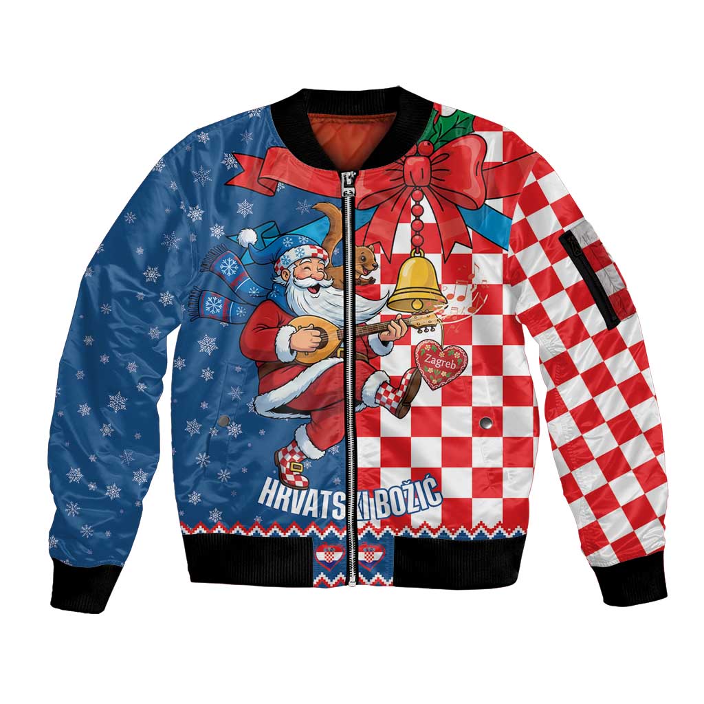 Funny Croatia Ugly Christmas Sleeve Zip Bomber Jacket Checkerboard Flag Santa Zagreb Design - Wonder Print Shop