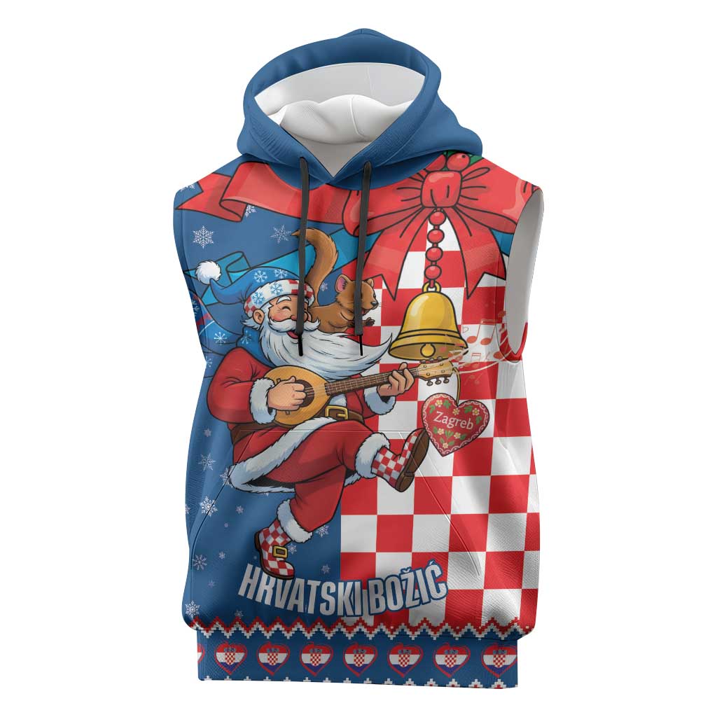 Funny Croatia Ugly Christmas Sleeveless Hoodie Checkerboard Flag Santa Zagreb Design - Wonder Print Shop