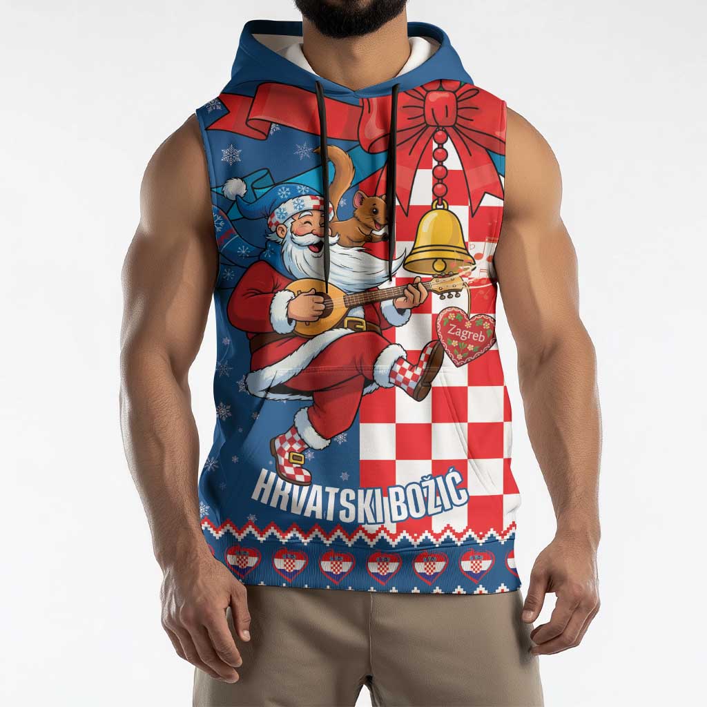 Funny Croatia Ugly Christmas Sleeveless Hoodie Checkerboard Flag Santa Zagreb Design - Wonder Print Shop
