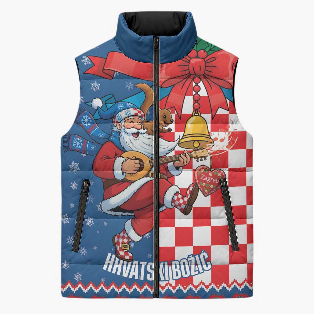 Funny Croatia Ugly Christmas Sleeveless Puffer Jacket Checkerboard Flag Santa Zagreb Design - Wonder Print Shop