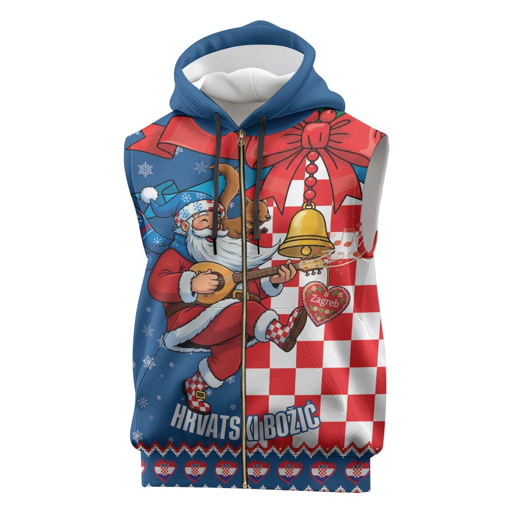 Funny Croatia Ugly Christmas Sleeveless Zip Hoodie Checkerboard Flag Santa Zagreb Design - Wonder Print Shop