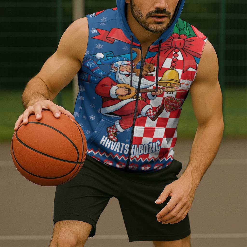 Funny Croatia Ugly Christmas Sleeveless Zip Hoodie Checkerboard Flag Santa Zagreb Design - Wonder Print Shop