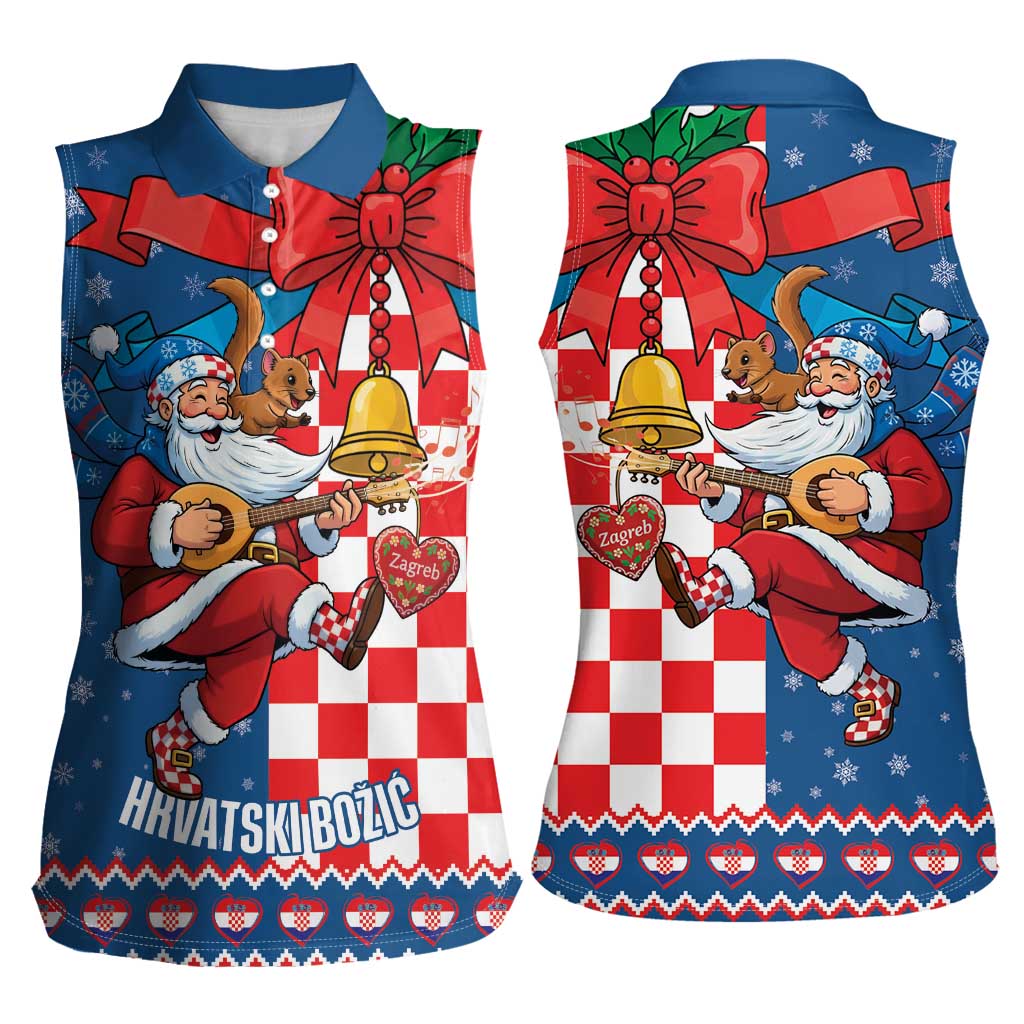 Funny Croatia Ugly Christmas Women Sleeveless Polo Shirt Checkerboard Flag Santa Zagreb Design - Wonder Print Shop
