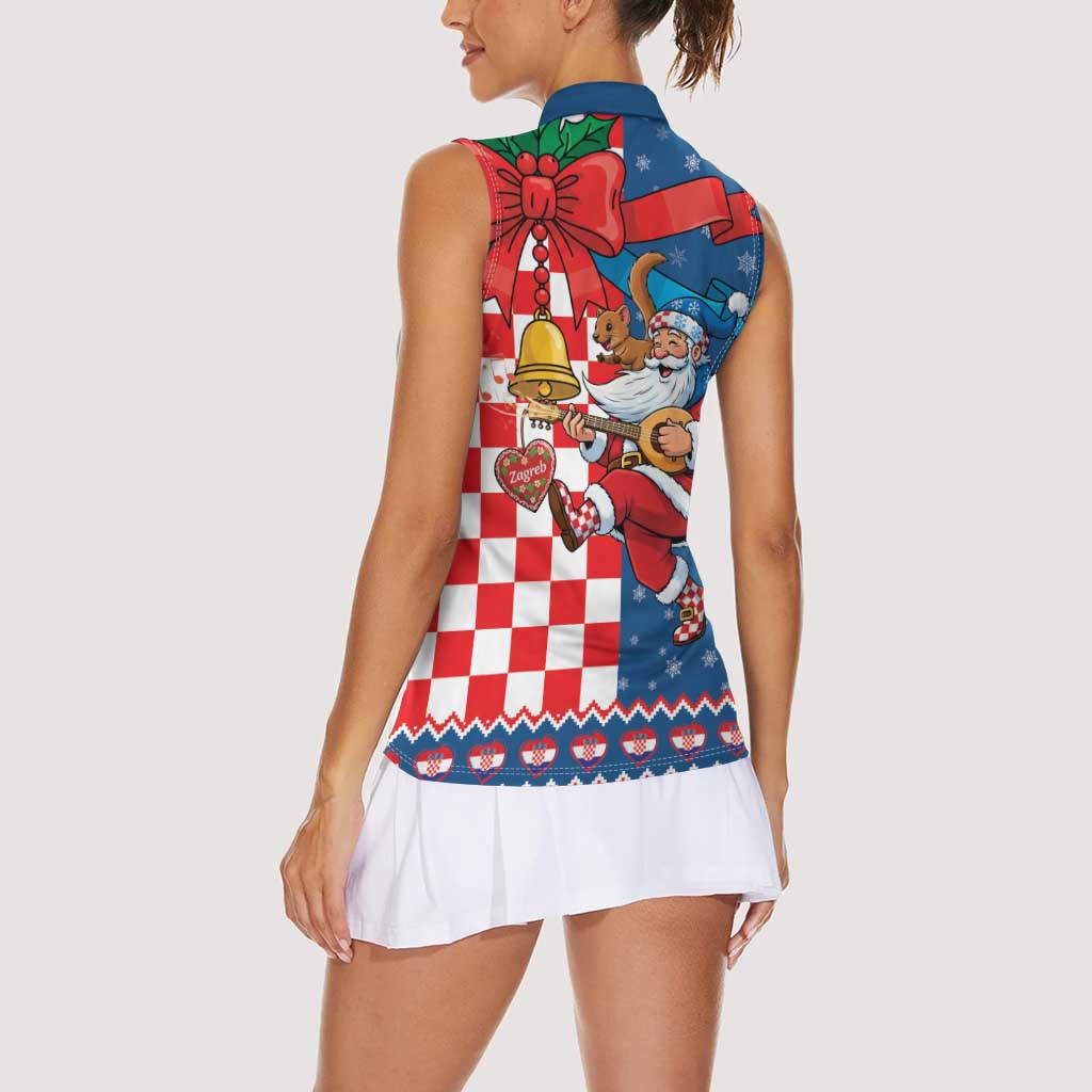 Funny Croatia Ugly Christmas Women Sleeveless Polo Shirt Checkerboard Flag Santa Zagreb Design - Wonder Print Shop