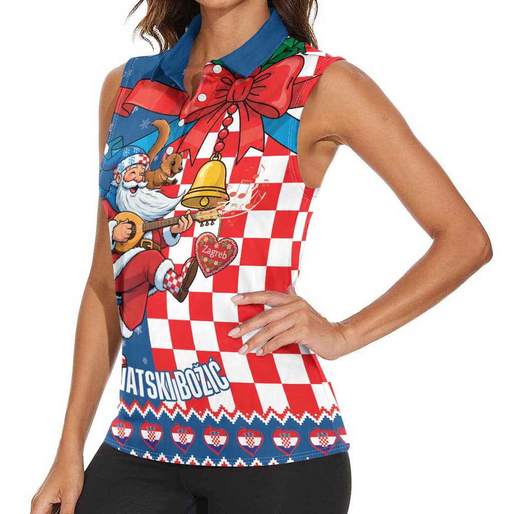 Funny Croatia Ugly Christmas Women Sleeveless Polo Shirt Checkerboard Flag Santa Zagreb Design - Wonder Print Shop