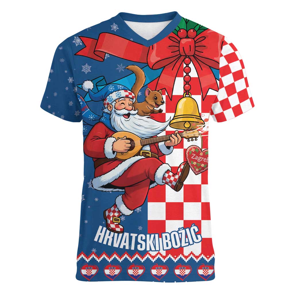 Funny Croatia Ugly Christmas Women V-Neck T-Shirt Checkerboard Flag Santa Zagreb Design - Wonder Print Shop