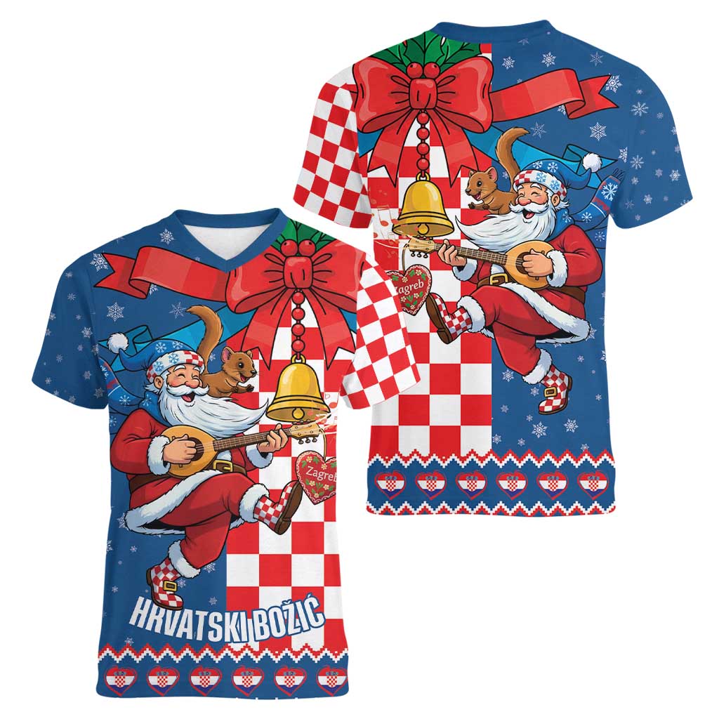 Funny Croatia Ugly Christmas Women V-Neck T-Shirt Checkerboard Flag Santa Zagreb Design - Wonder Print Shop