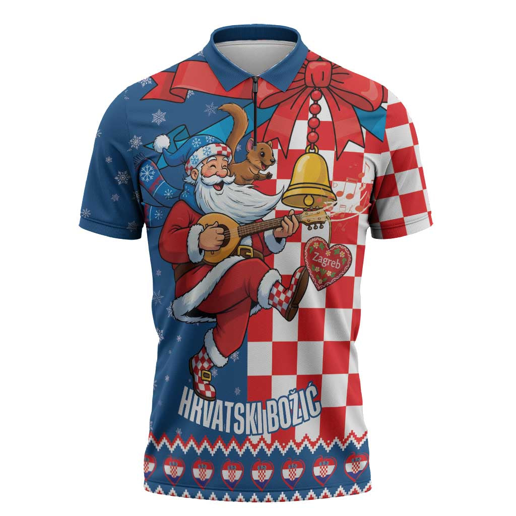 Funny Croatia Ugly Christmas Zipper Polo Shirt Checkerboard Flag Santa Zagreb Design - Wonder Print Shop