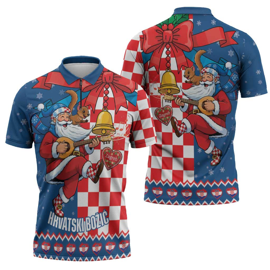 Funny Croatia Ugly Christmas Zipper Polo Shirt Checkerboard Flag Santa Zagreb Design - Wonder Print Shop