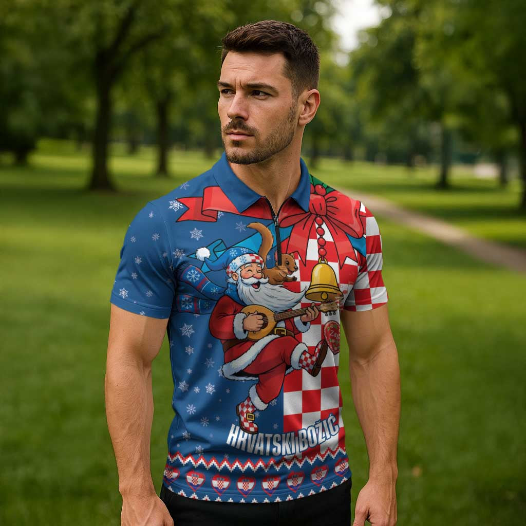 Funny Croatia Ugly Christmas Zipper Polo Shirt Checkerboard Flag Santa Zagreb Design - Wonder Print Shop