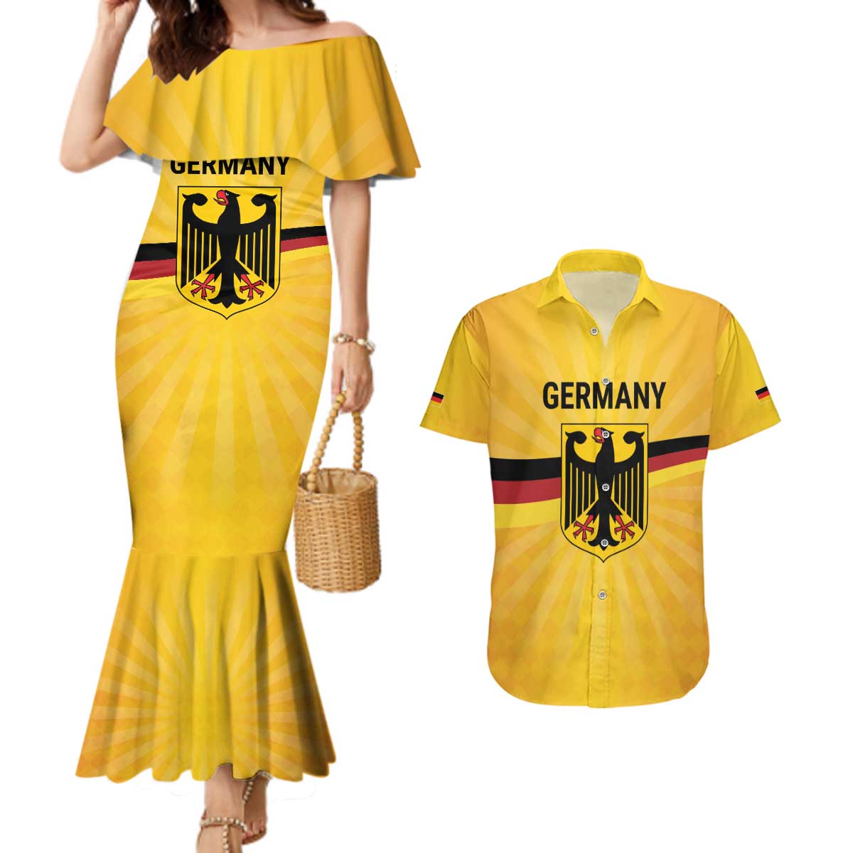 Custom Germany Heritage Eagle Couples Matching Mermaid Dress and Hawaiian Shirt German Eagle with Flag Design - Wonder Print Shop