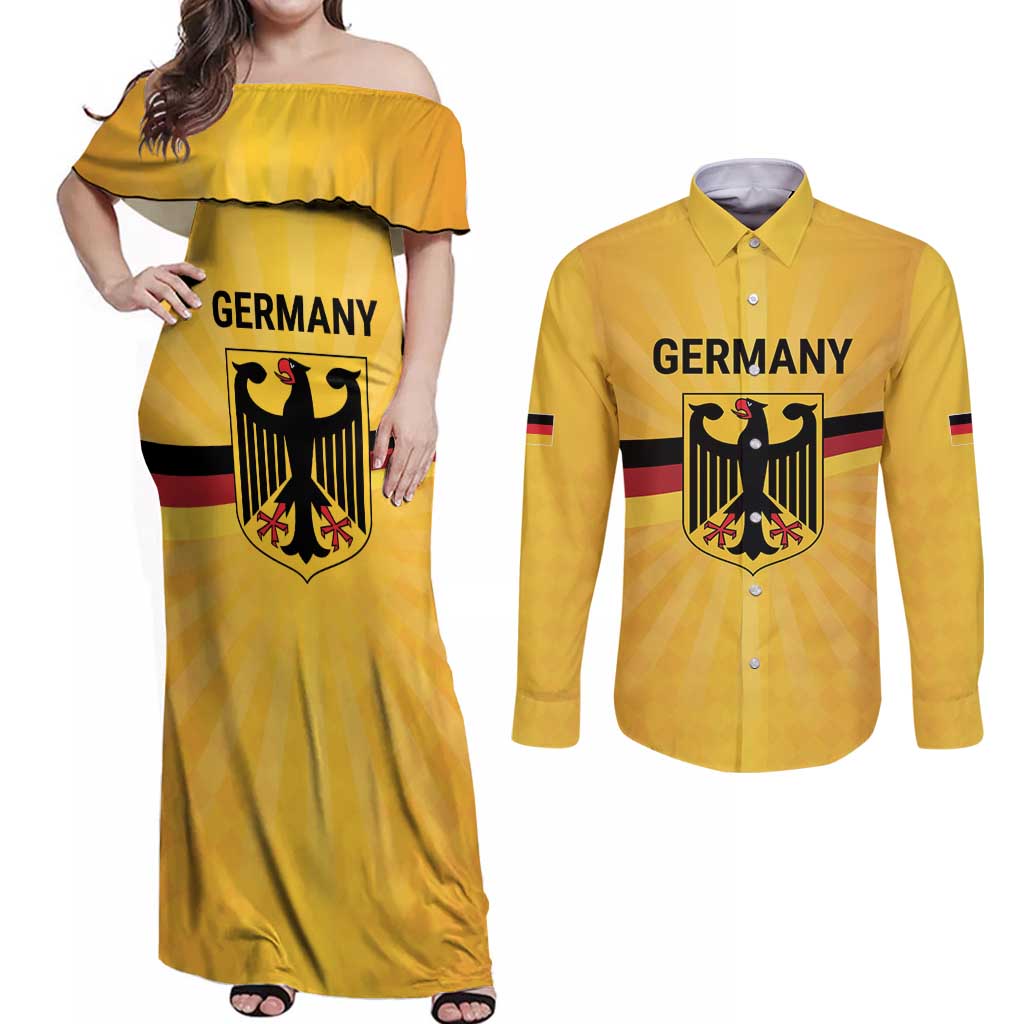 Custom Germany Heritage Eagle Couples Matching Off Shoulder Maxi Dress and Long Sleeve Button Shirt German Eagle with Flag Design - Wonder Print Shop